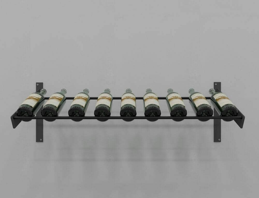 Evolution Series Wine Wall Presentation Row, black wall rack holding nine wine bottles