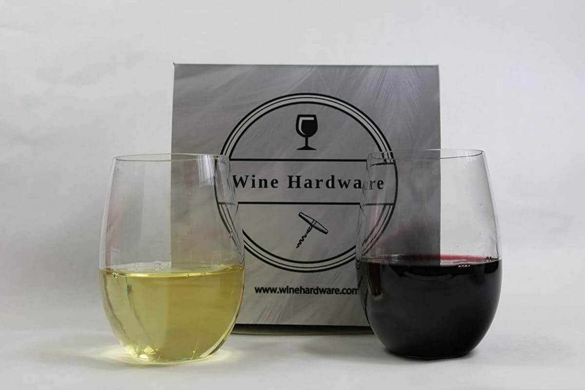 Wine Hardware branded box with two stemless wine glasses