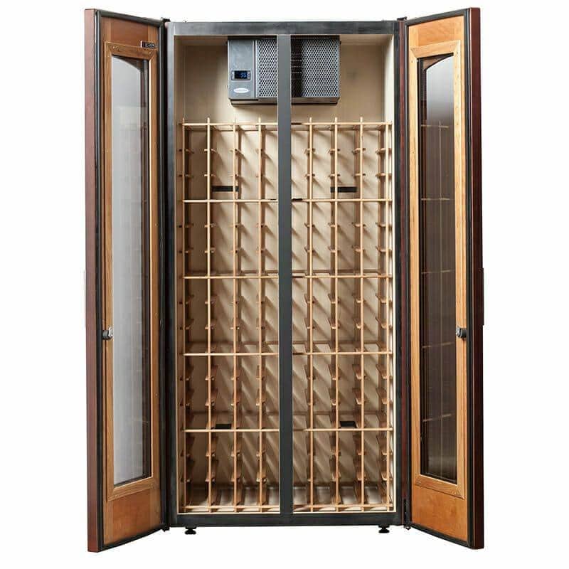 Le Cache 2400 classic wine cabinet interior with cooling unit and racking shown open