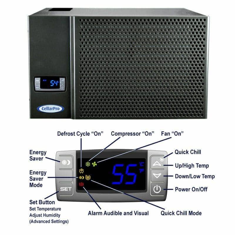 CellarPro cooling unit product photo with labeled control panel diagram