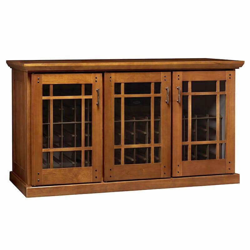 Le Cache Mission-style credenza wine cabinet in oak finish on white background