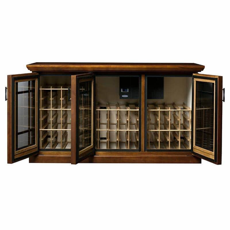 Le Cache credenza with all three doors open showing wine racking