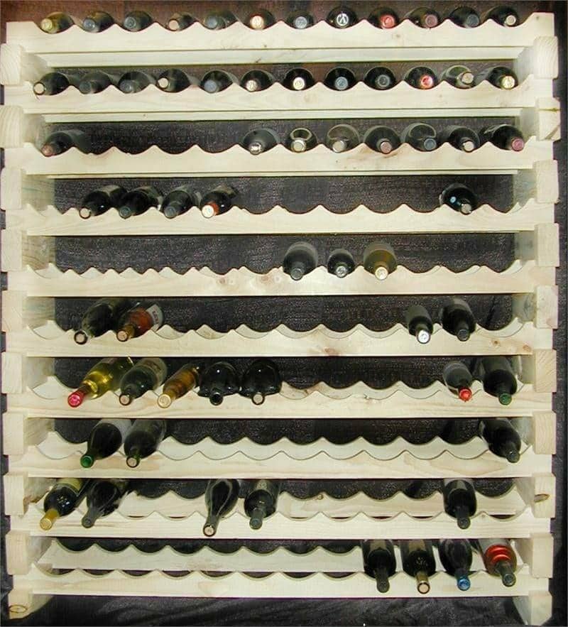 Modularack wooden wine rack loaded with bottles, angled view