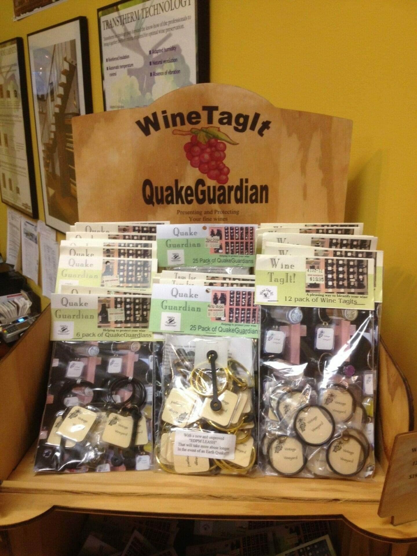 A wine shop showcasing Quake Guardian merchandise.