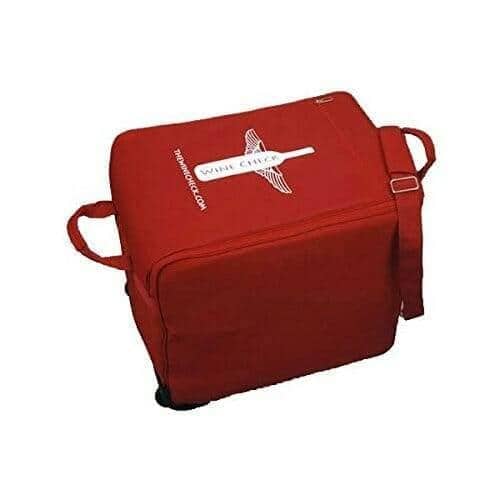 Red Wine Check padded travel bag, angled view with logo