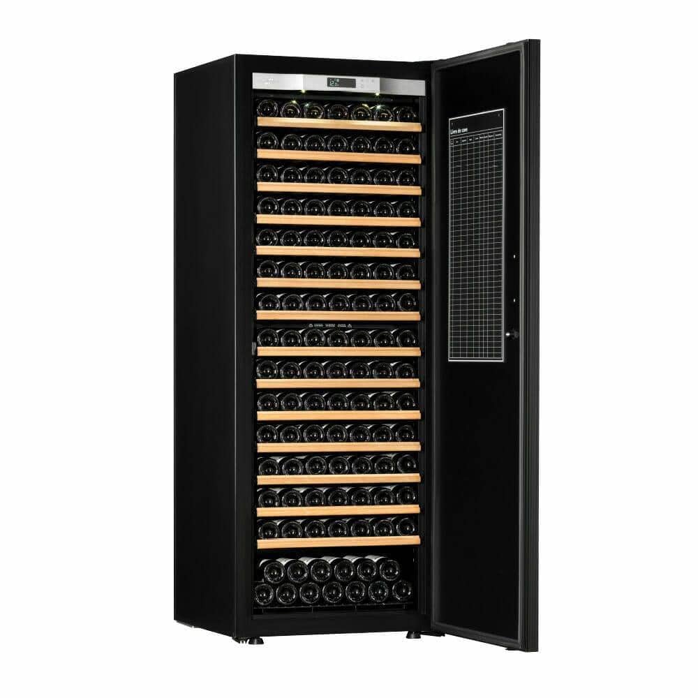 Transtherm Ermitage Prestige cabinet with door open showing full bottle shelves