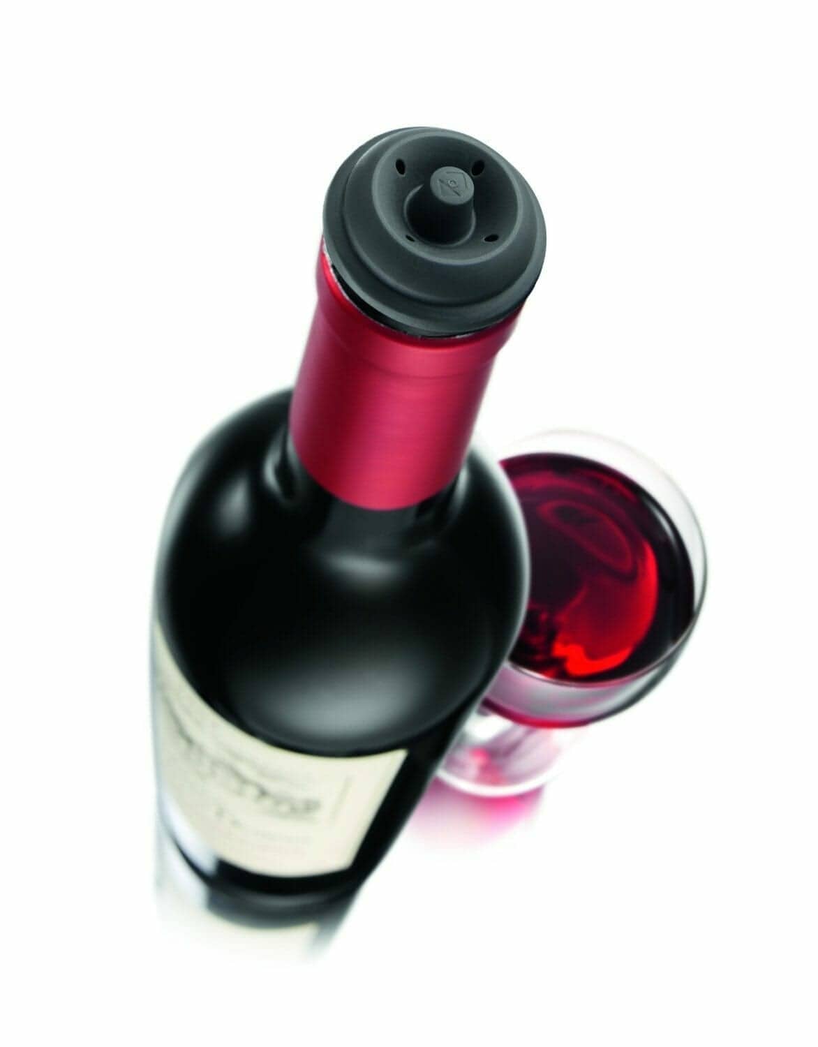 Vacuvin wine saver stopper sealing a bottle beside a filled glass