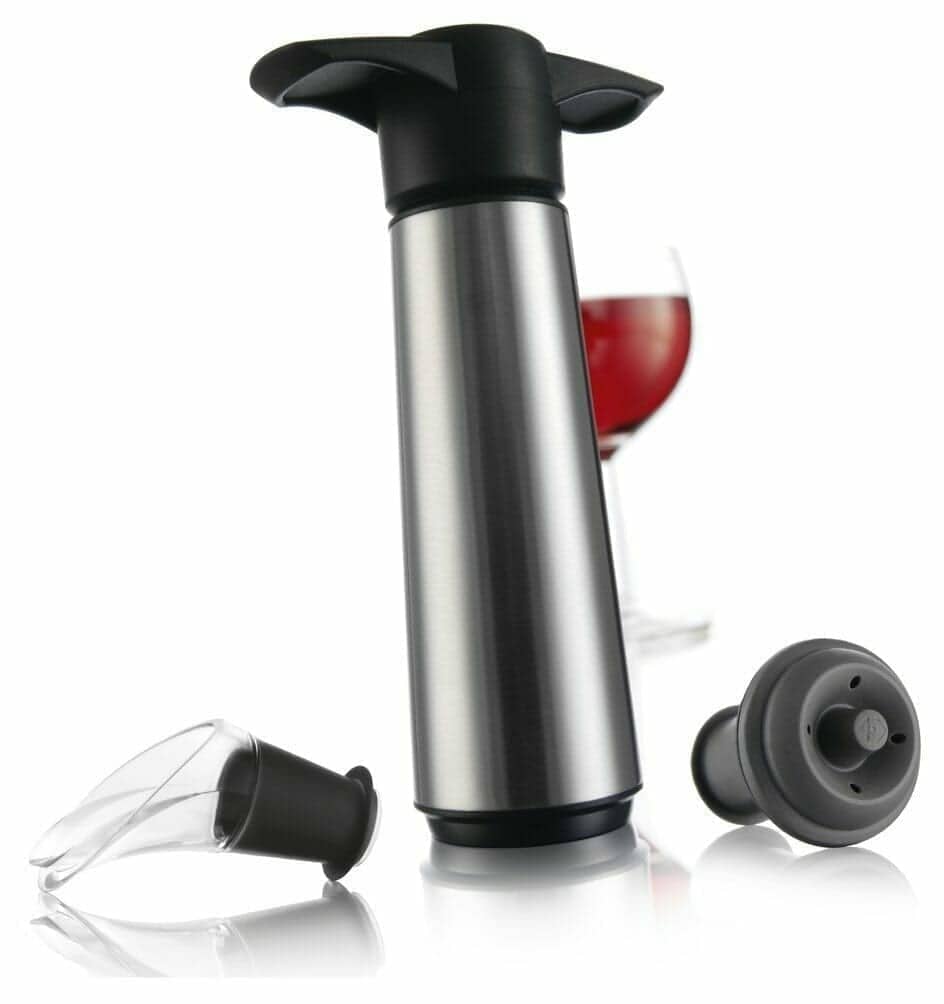 Vacuvin Wine Saver stainless steel pump with stoppers and wine glass