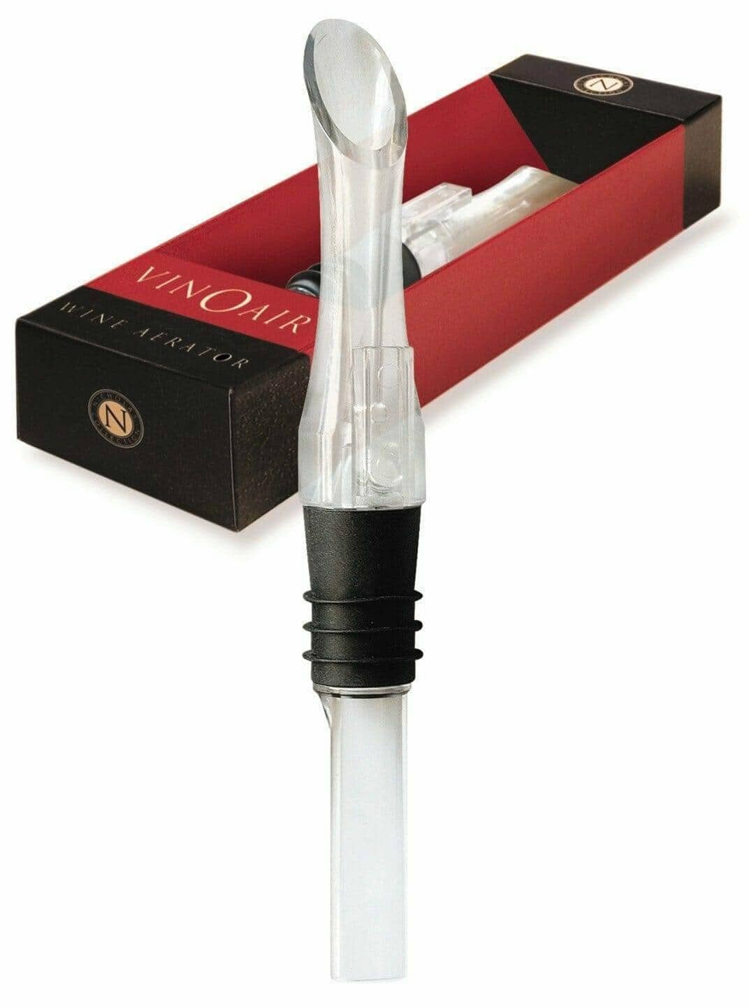 VinOair wine aerator in black and red retail box beside the device