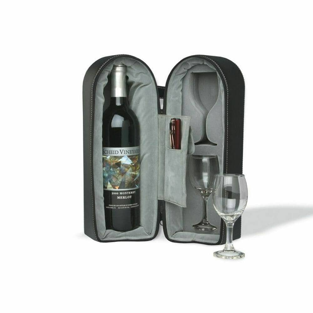 Open wine travel case with a merlot bottle and two stemmed glasses