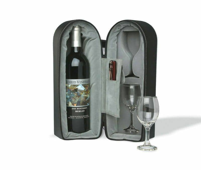 Open leather wine case with a merlot bottle and two wine glasses