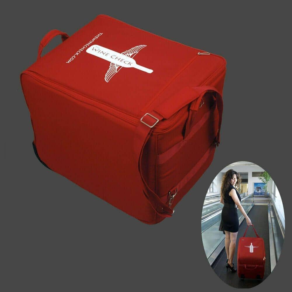 Red WineCheck padded wine-shipping case with a travel photo inset