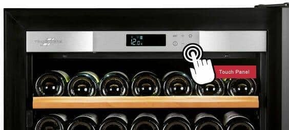 Transtherm cellar touch control panel above shelved bottles