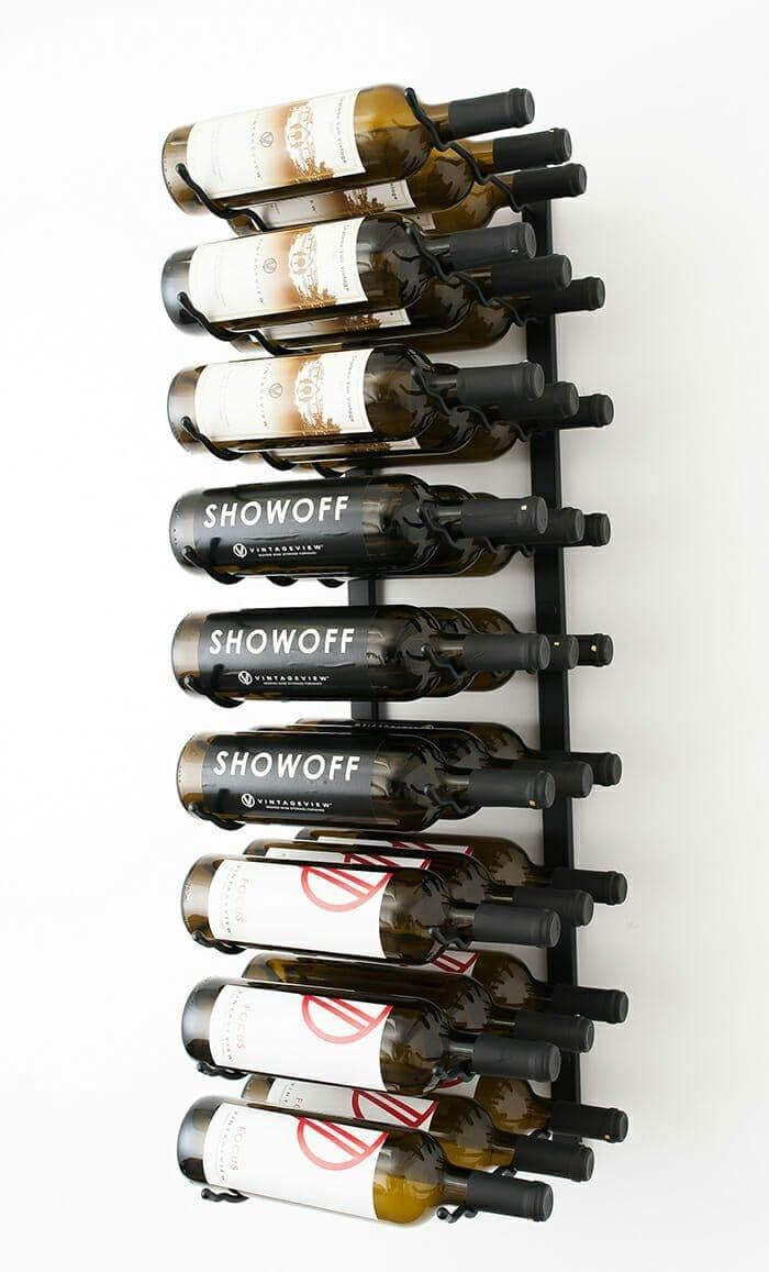 VintageView W Series black metal rack holding 27 wine bottles
