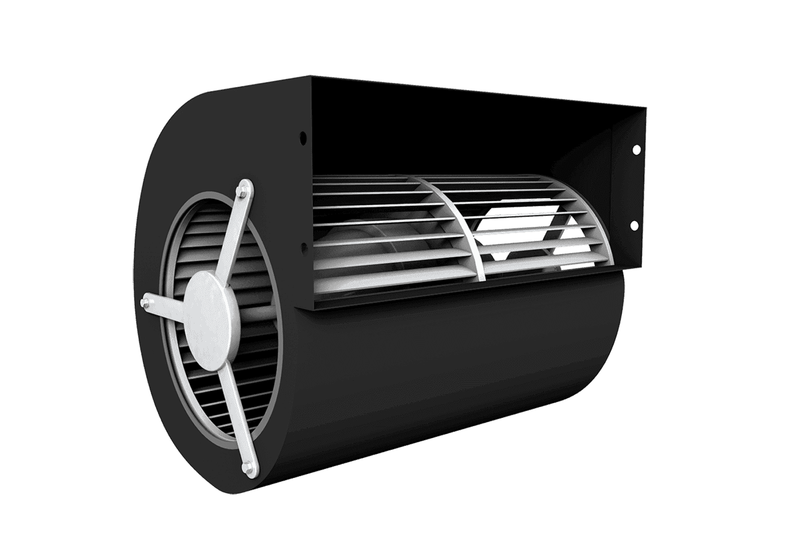 WhisperKOOL blower fan unit, black housing with silver blade assembly, on white background