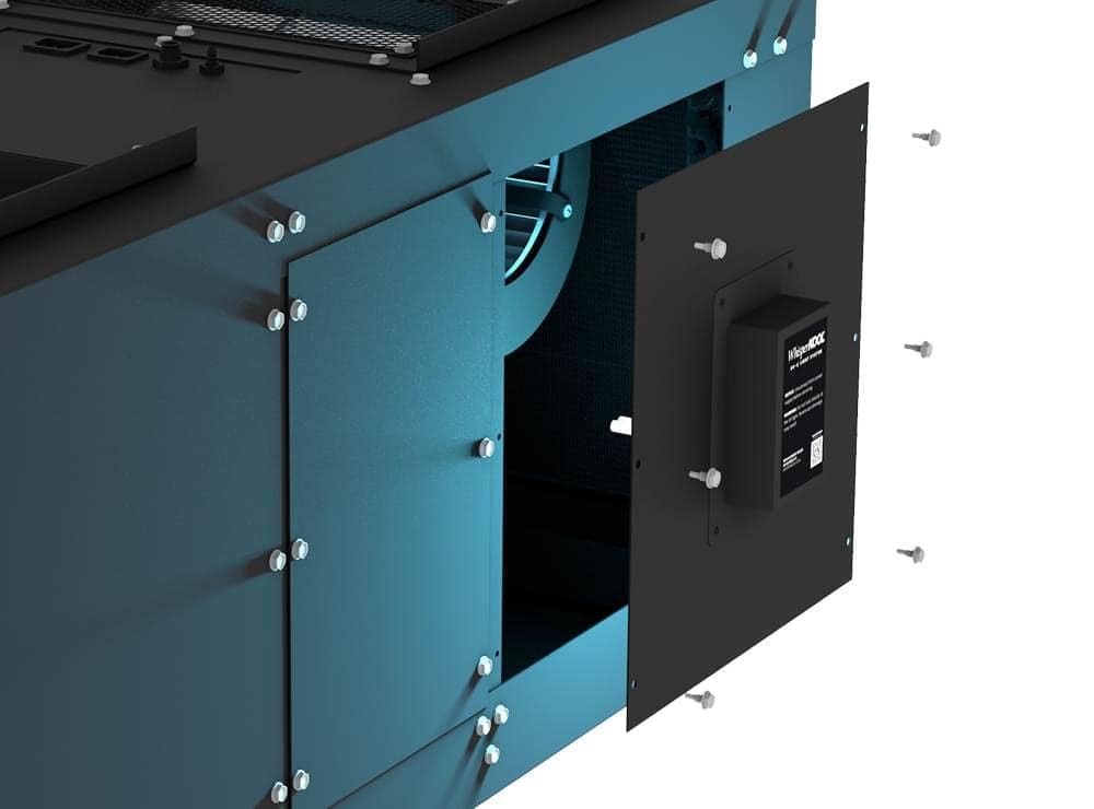 Cutaway 3D render of a WhisperKOOL cooling unit showing internal fan and mounting access panel