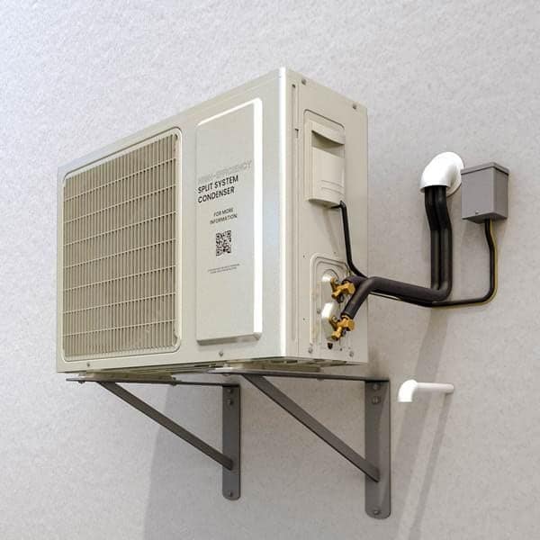Rendering of a ductless split condenser unit mounted on an exterior wall bracket