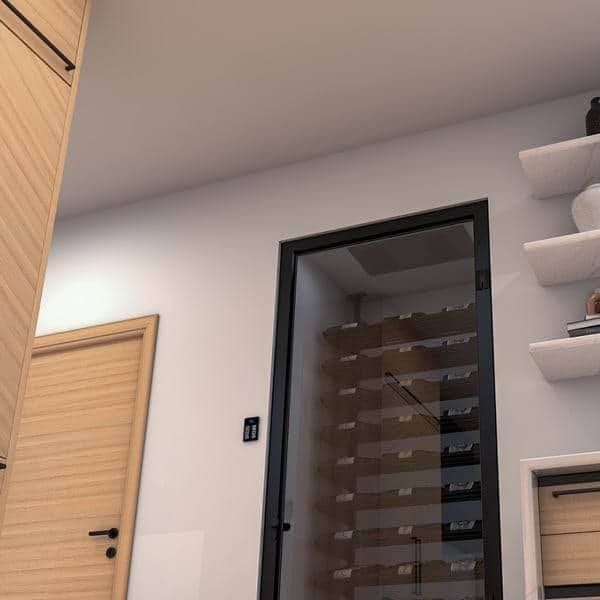Home hallway with a wooden door and a glass-front wine cellar door beside floating wall shelves