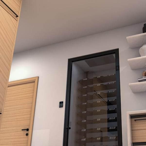Home hallway with a wooden door and a glass-front wine cellar door beside floating wall shelves