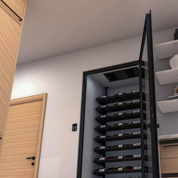 Home hallway view of a tall glass-door wine cabinet stocked with bottles beside a wooden door