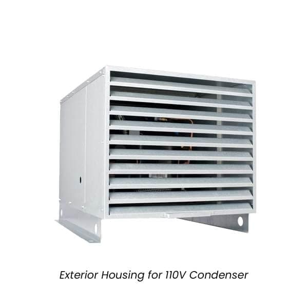 Galvanized exterior housing for a WhisperKOOL 110V condenser with louvered vent grille on white