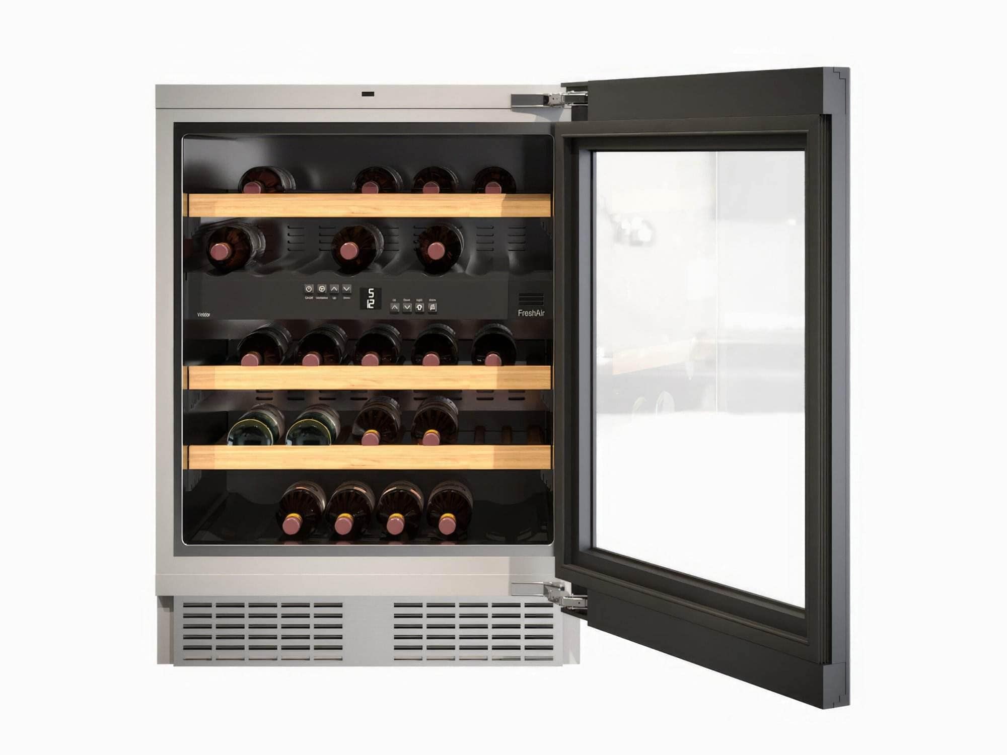 Built-in dual-zone wine cooler with door open showing racked bottles