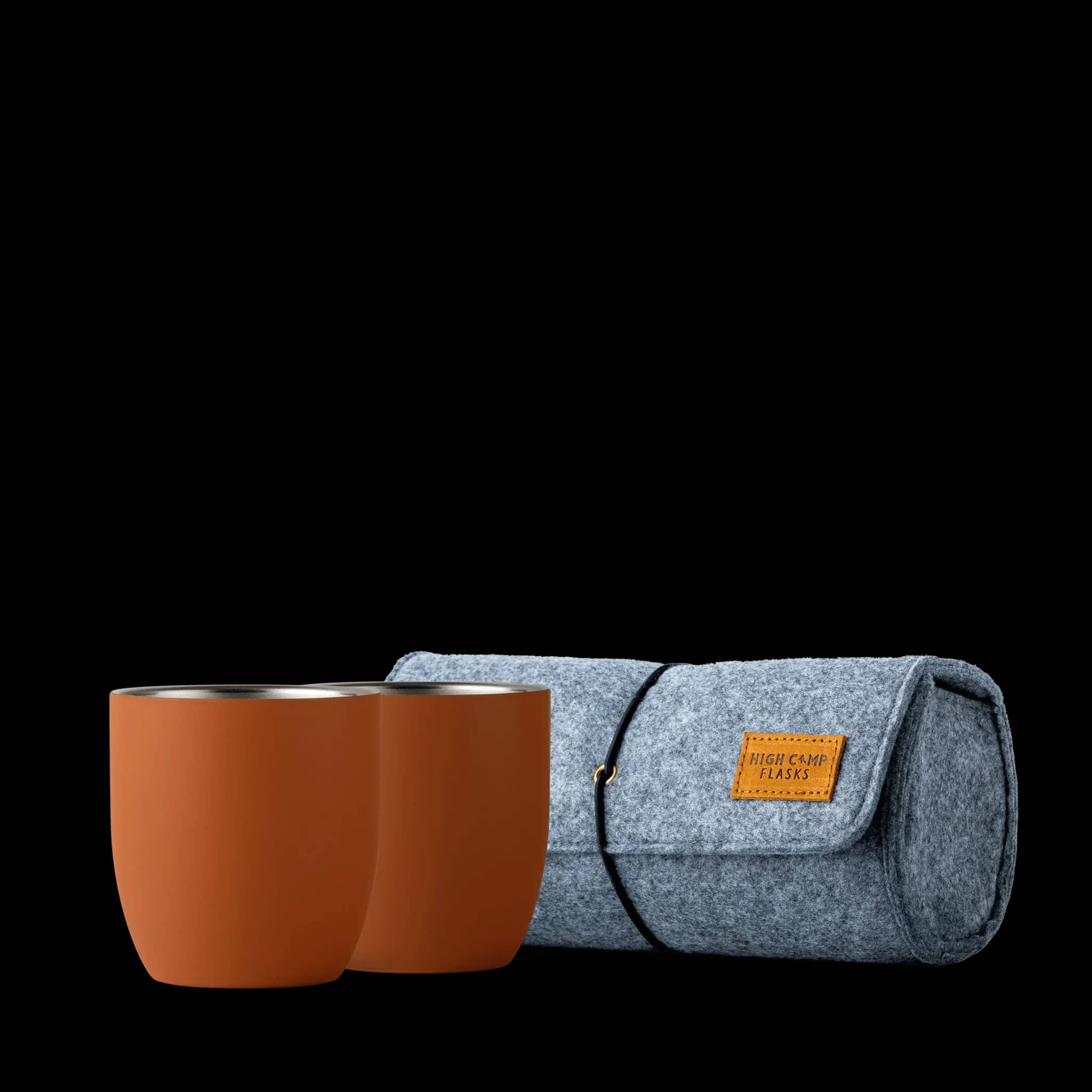High Camp Parkside insulated tumblers in ember orange with gray felt travel case