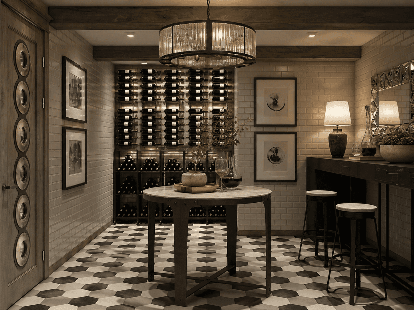 A modern wine cellar with a round table, custom wine racks Dublin filled with bottles, bar stools, framed art on the walls, and hexagonal floor tiles under a circular chandelier.