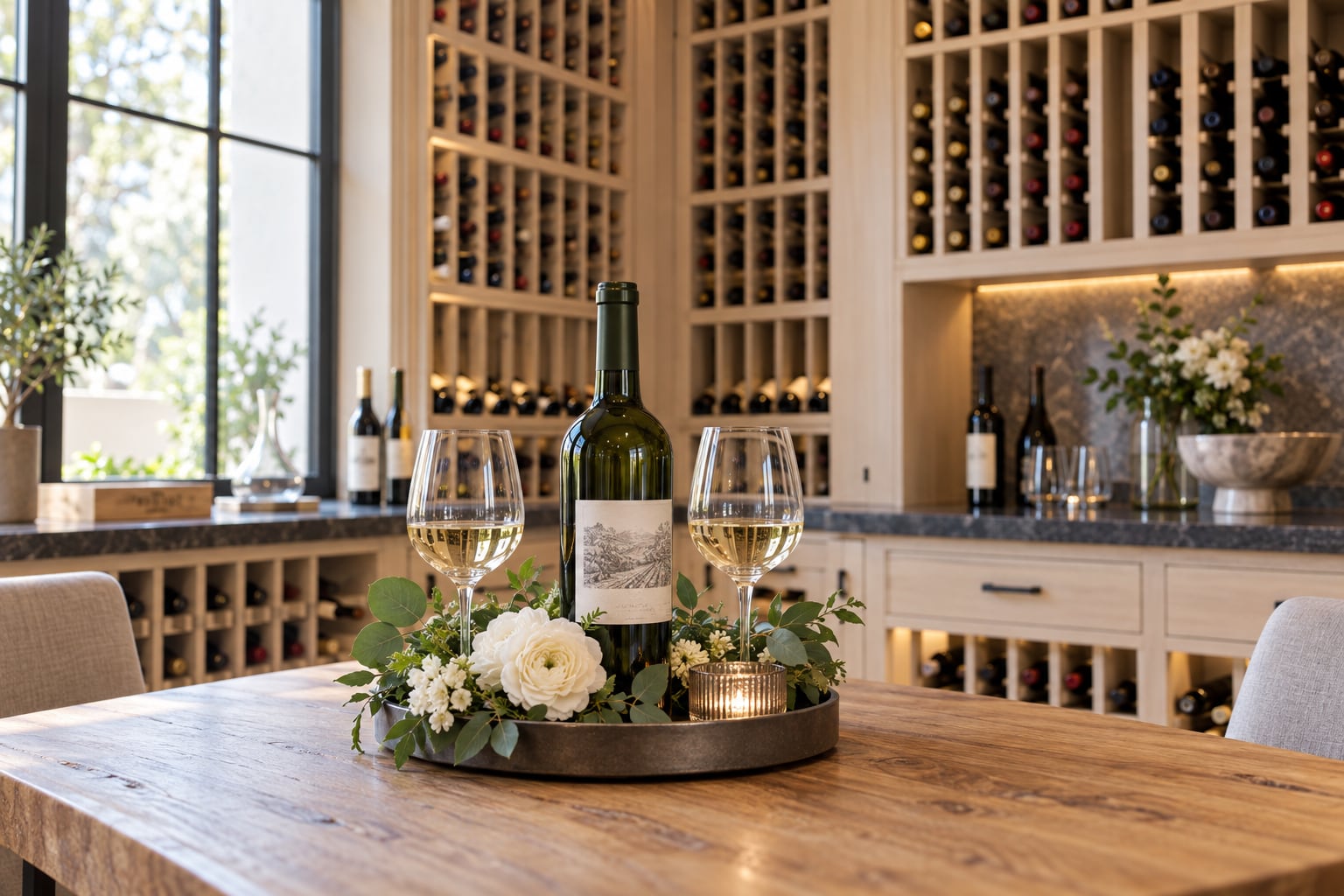Wine bottle and glasses centerpiece with white florals on a wood table before oak wine racking