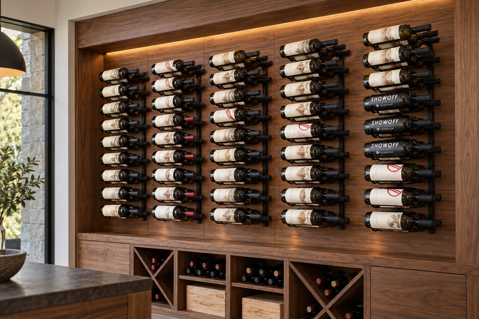Wood-paneled wine wall with vertical metal rack columns holding labeled and Showoff wines