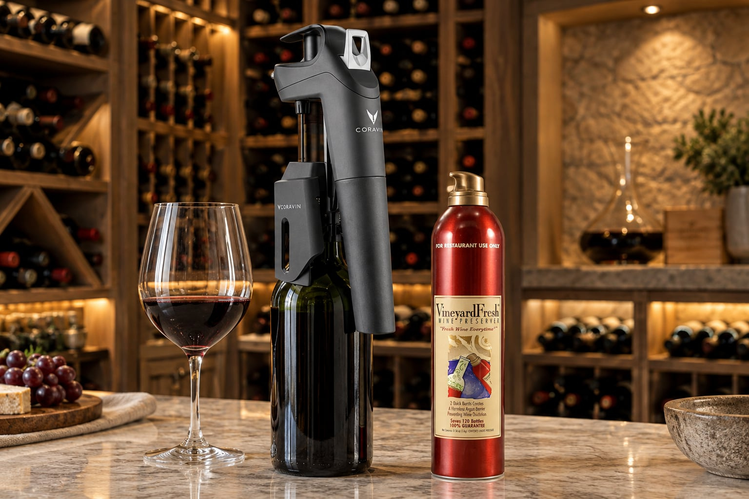 Coravin preservation device mounted on a wine bottle beside Vineyard Fresh argon spray