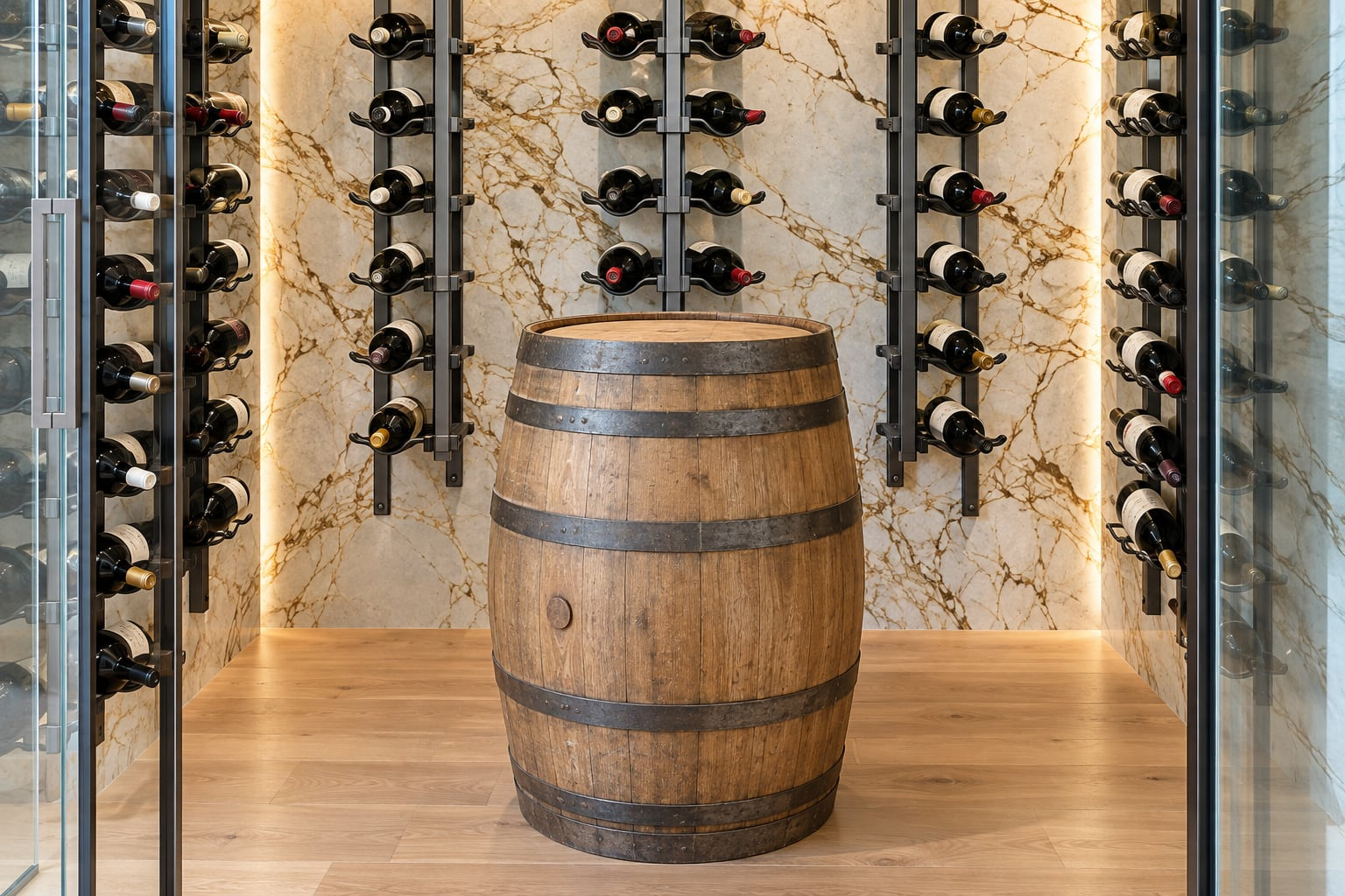 Oak wine barrel as decor centerpiece in a marble-walled peg-rack cellar