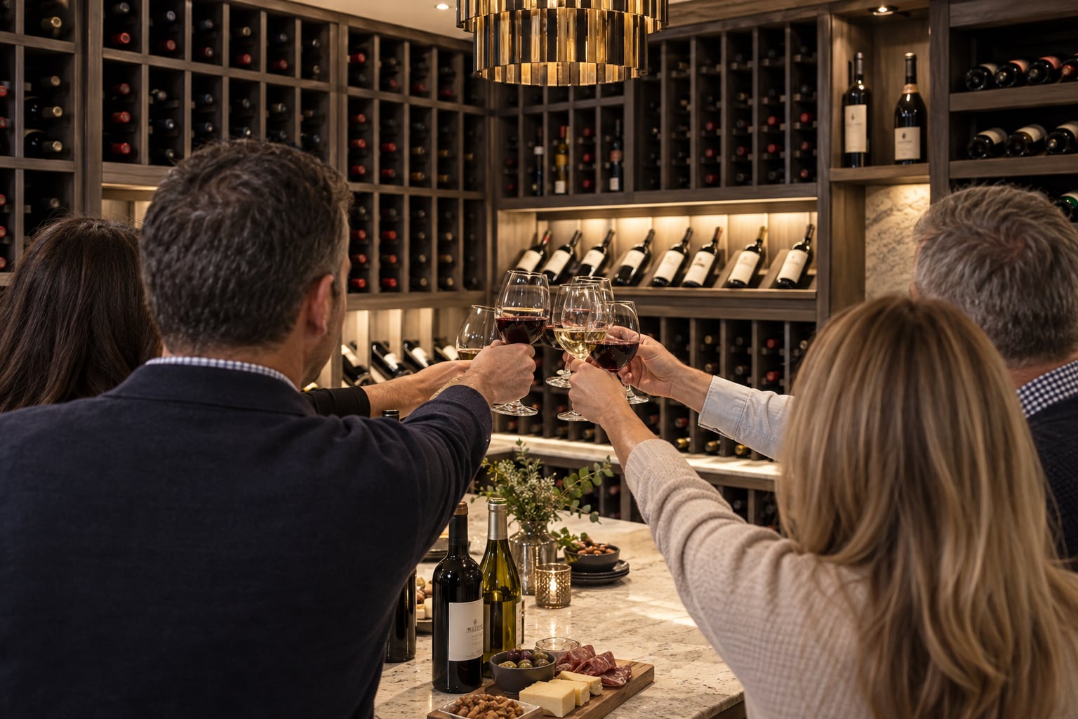 Group toasting wine glasses from behind at a wood-paneled cellar tasting counter