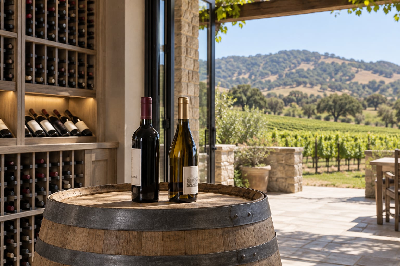 Red and white wine bottles on an oak barrel at a hillside vineyard patio