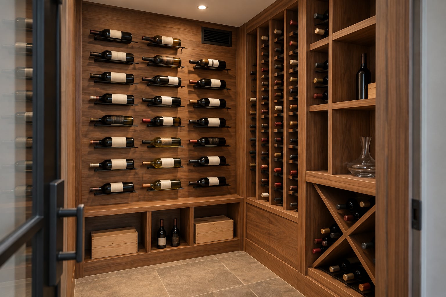 Walnut wine cellar with wall-mounted metal rack, diamond bins and X-bin storage