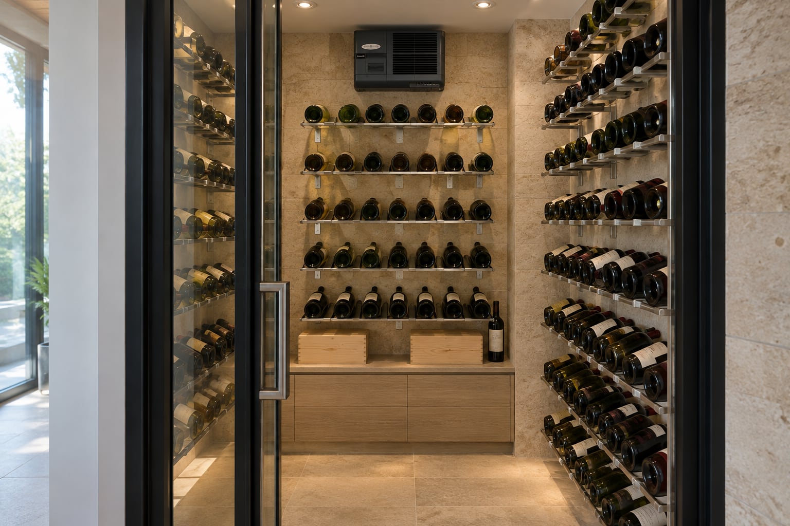 Glass-doored wine cellar with a ceiling-mounted cooling unit and wall-mounted bottle shelving