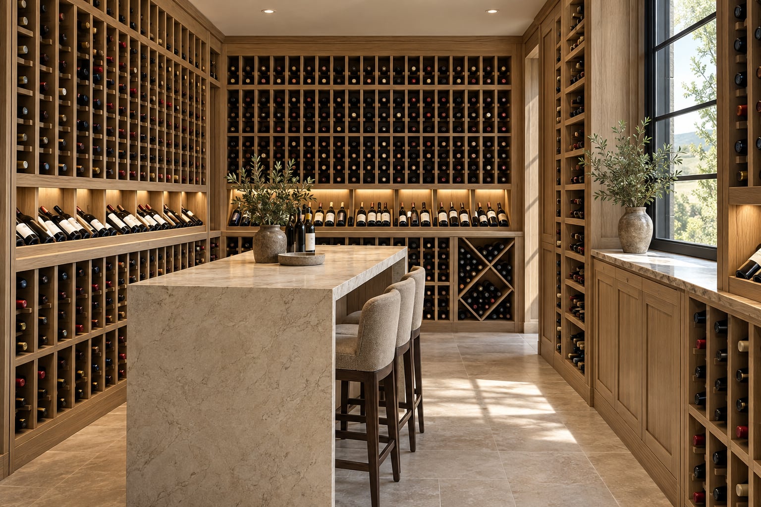 Wood-paneled wine cellar with floor-to-ceiling bottle racks, a stone island and vineyard view