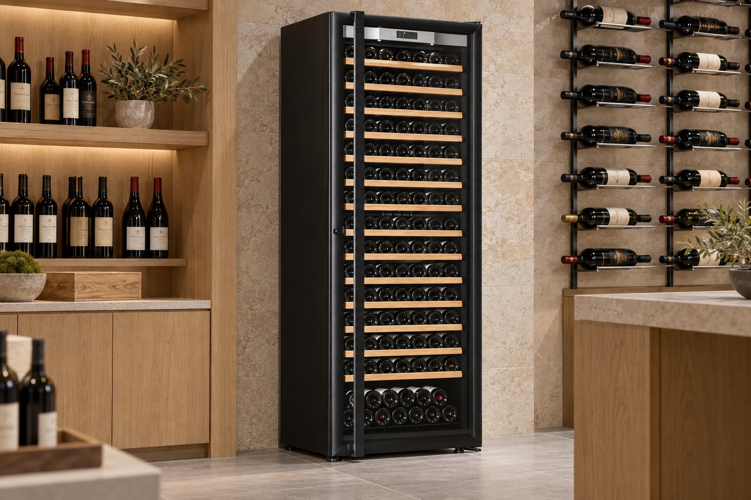 Transtherm Prestige wine cabinet with wood shelving and stemware in a modern kitchen alcove