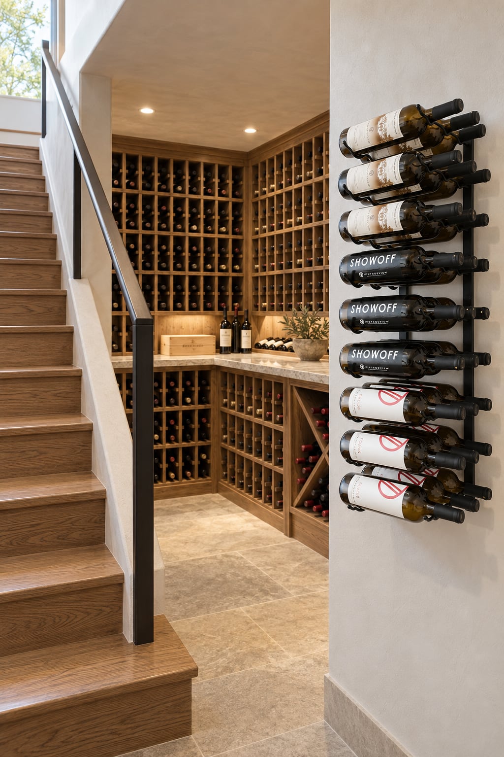 Staircase opening onto a wood-racked wine cellar with a metal wall rack of bottles in the foreground