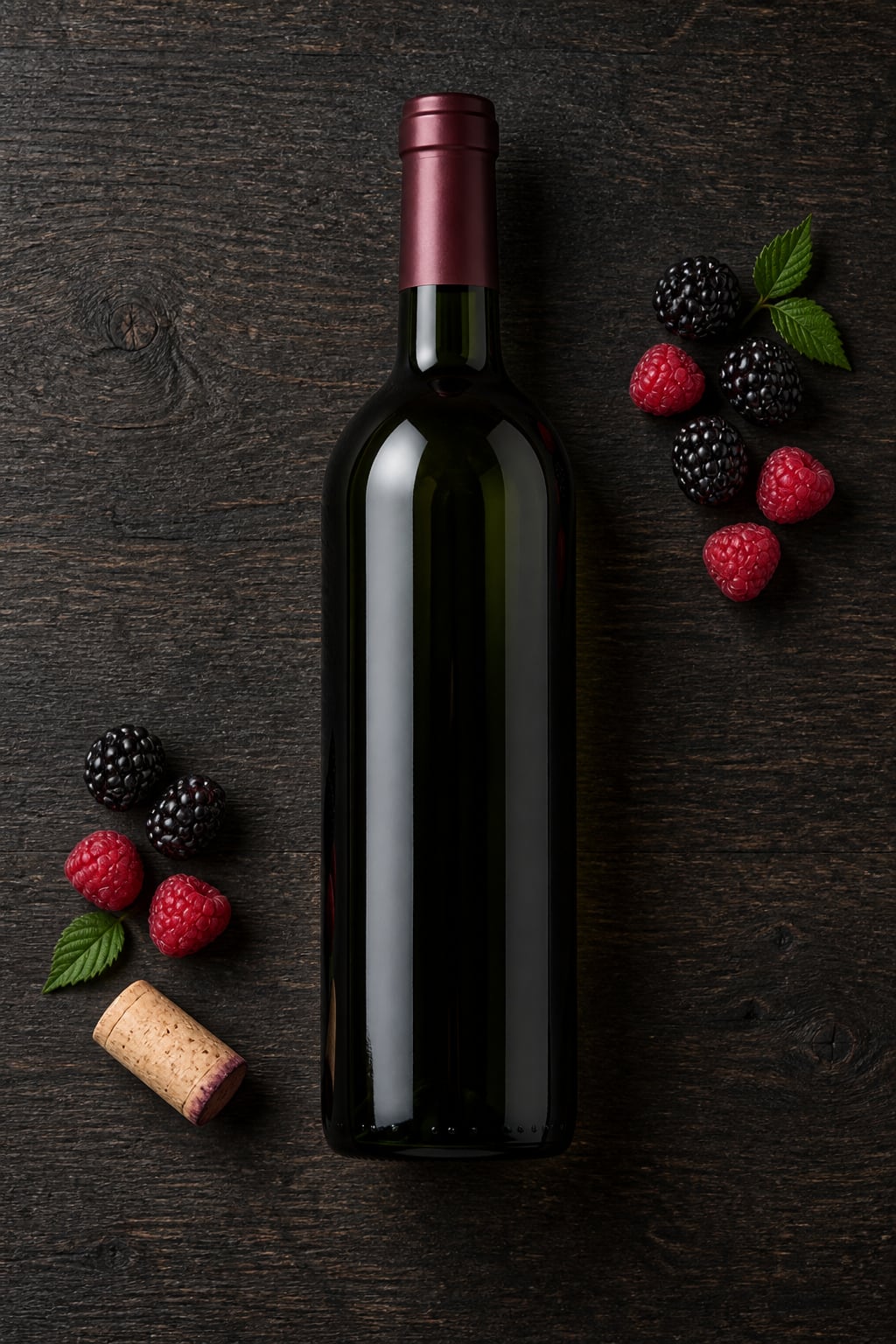 Overhead flat lay of a dark wine bottle with raspberries, blackberries and a cork on wood