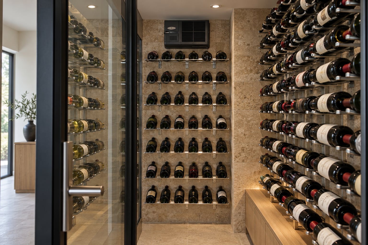 Glass-enclosed wine room with a wall-mounted cooling unit above tiled bottle racking