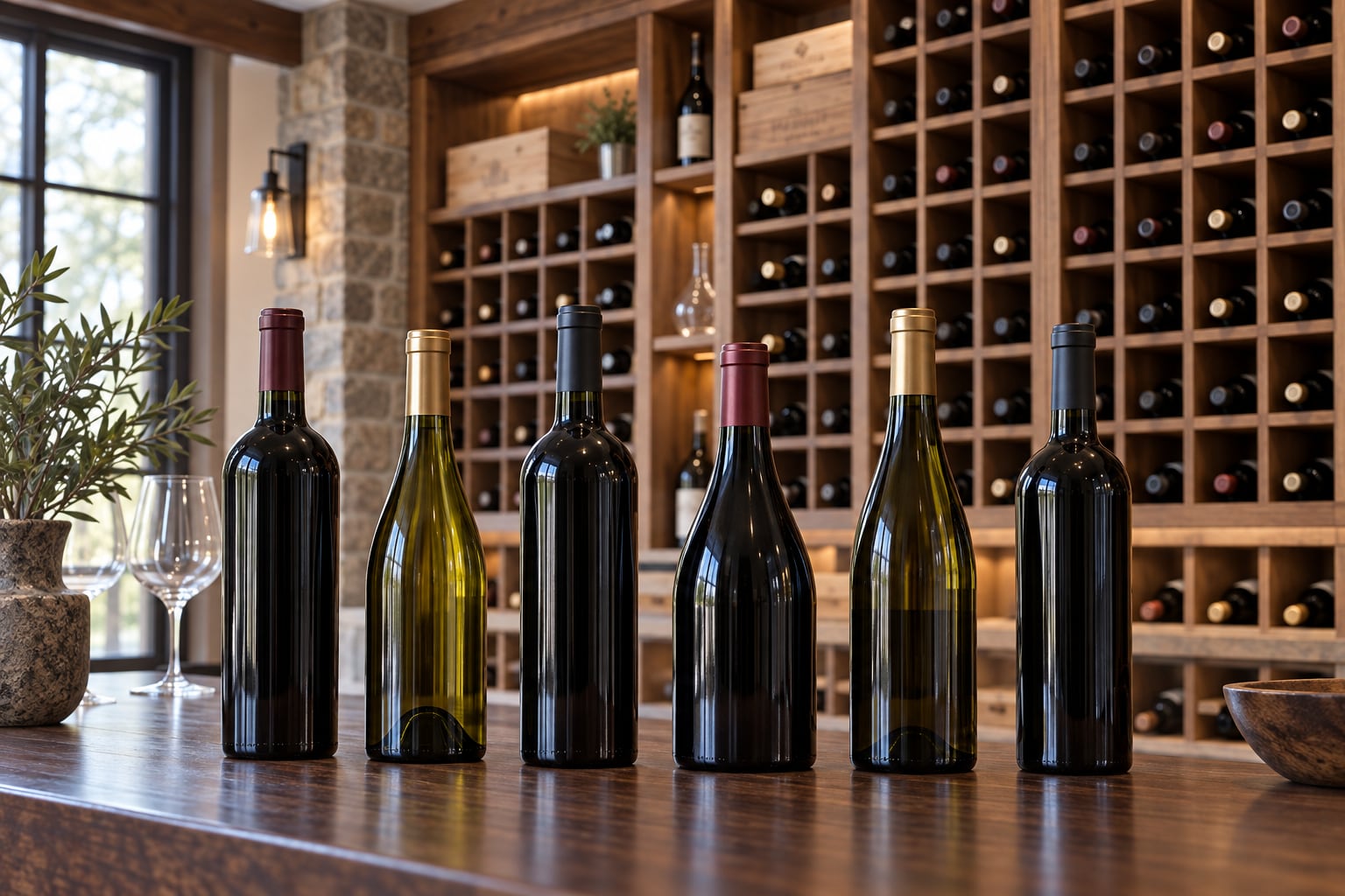 Row of unlabeled dark wine bottles on a wood counter in front of a stocked cellar rack