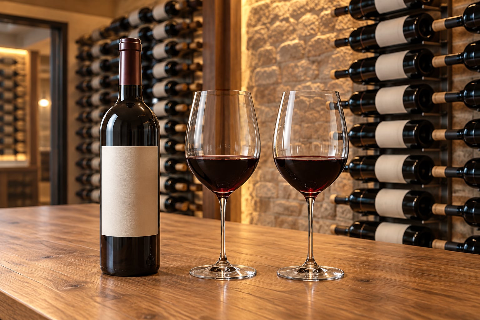Two fine-stemmed red wineglasses beside a blank-label bottle, with orderly cellar racks behind a wood table.