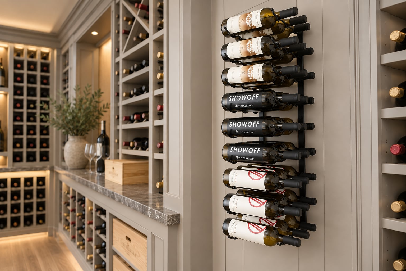 VintageView wall-mounted metal wine rack holding labeled bottles including Showoff wines