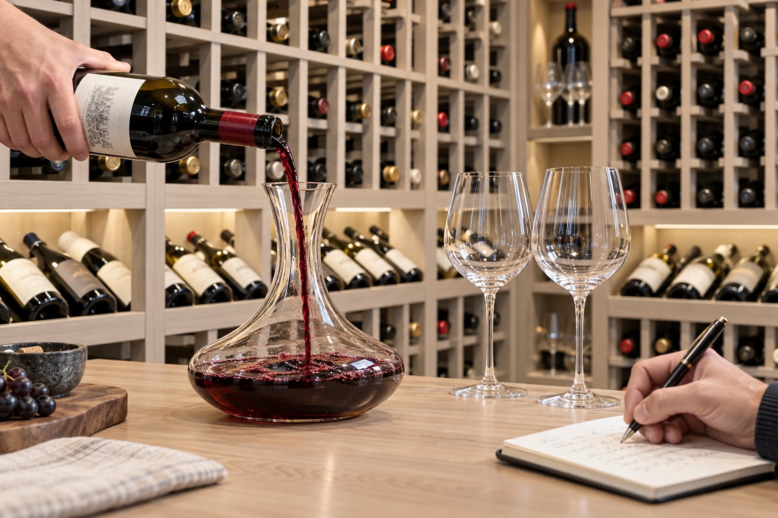 Hand pouring red wine into a glass decanter beside empty glasses and a notebook in a wine cellar