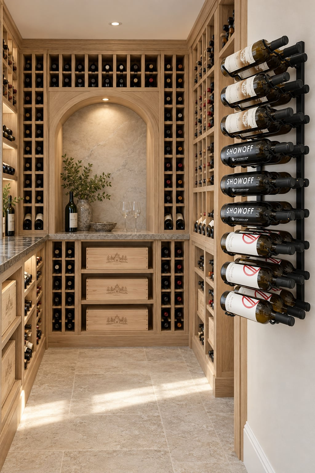 Wood wine cellar with an arched niche and a label-forward metal rack near the entrance.