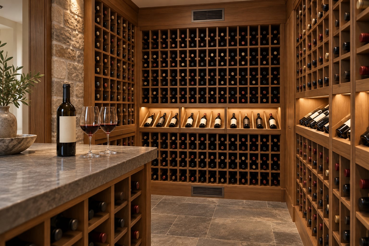 Custom wine cellar with wood diamond racking, display shelf, stone wall and tasting bottle on counter