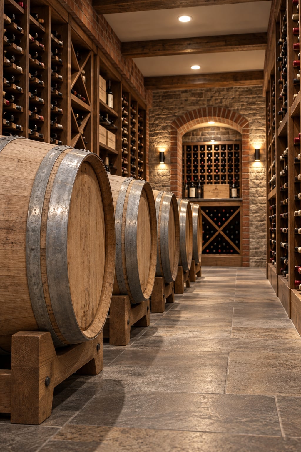 Row of oak wine barrels in a stone-and-brick cellar corridor with wine racking