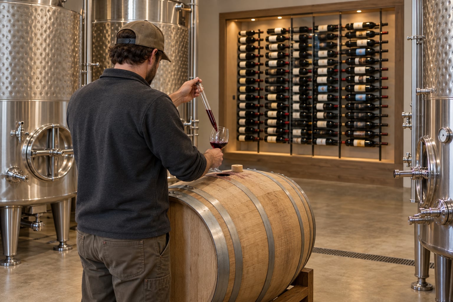 Cellar worker draws red wine from an oak barrel beside steel fermentation tanks and a lit bottle wall