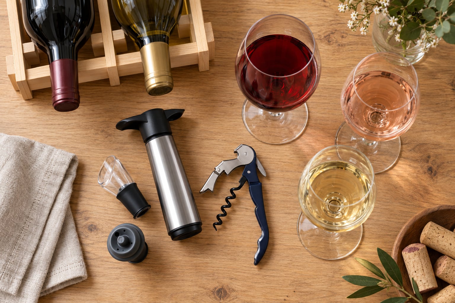 Wine tasting flat lay with preservation pump, corkscrew, and three filled glasses